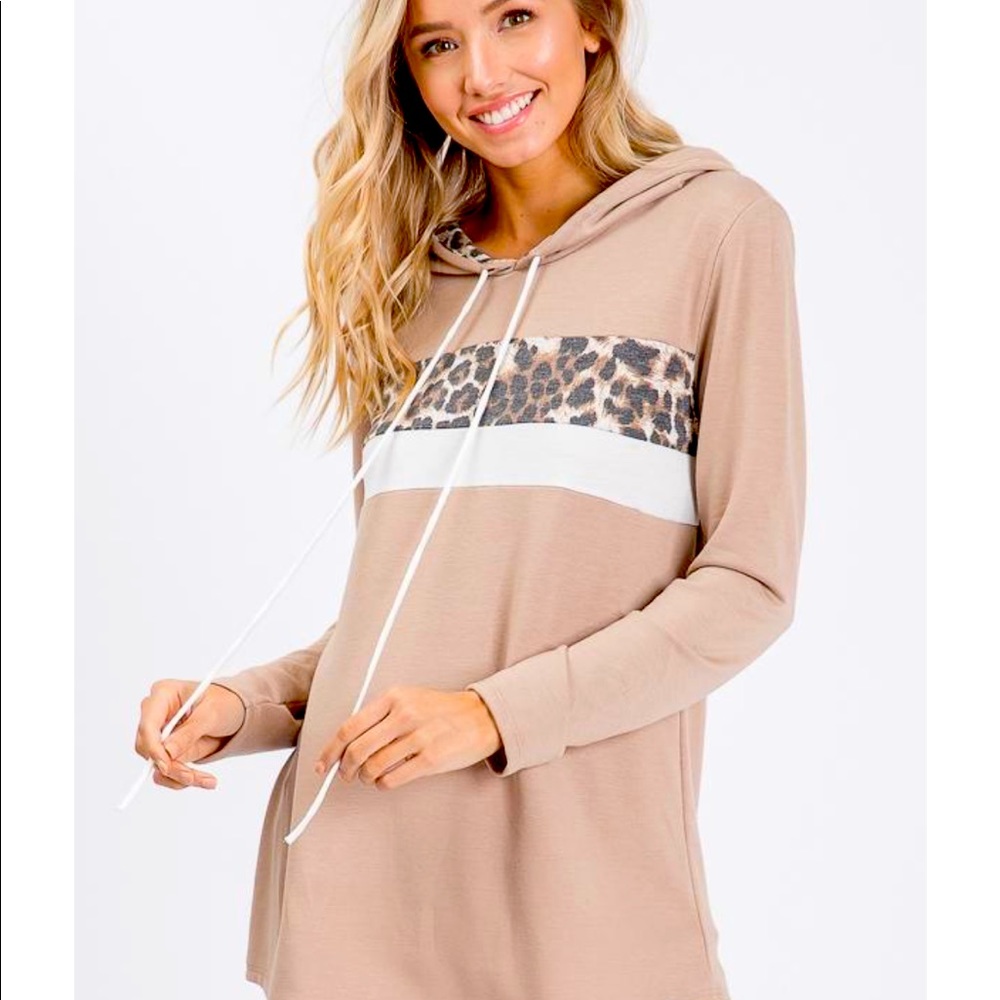 Leopard Color Block Long Sleeve Hooded Top (unworn